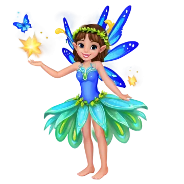a cute little fairy with blue wings and green dress