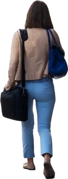 a woman in blue jeans and a jacket carrying a black bag