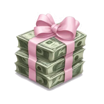 a stack of money with a pink bow