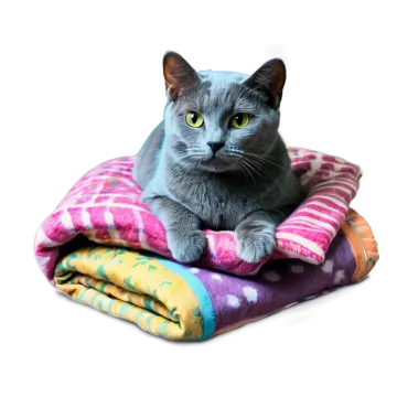 a cat sitting on top of a pile of blankets