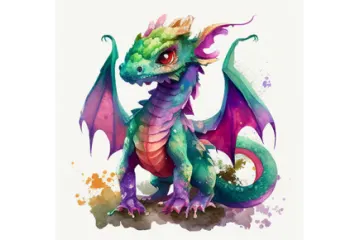 a watercolor painting of a green and purple dragon