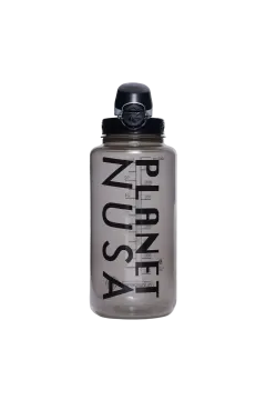 a plastic water bottle with a black cap