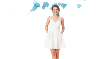 a woman in a white dress with blue butterflies flying around her