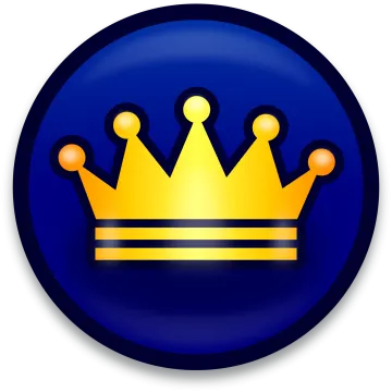 a blue button with a gold crown on it