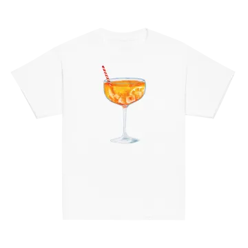 a white t - shirt with an orange cocktail in it