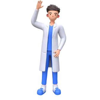 a man in a white coat and blue pants