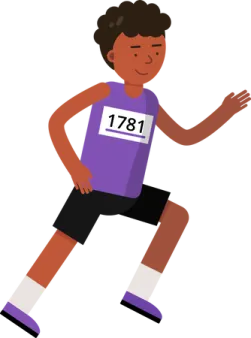 a boy in a purple shirt and black shorts running