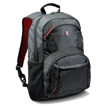 a black backpack with red accents