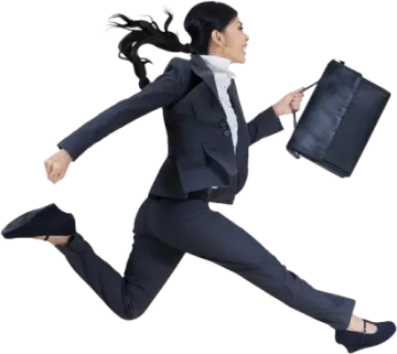 a woman in a business suit running with a briefcase