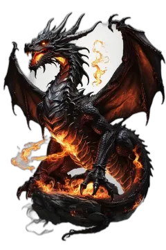 a black dragon sitting on top of a fire