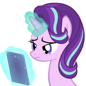 a purple pony looking at a cell phone