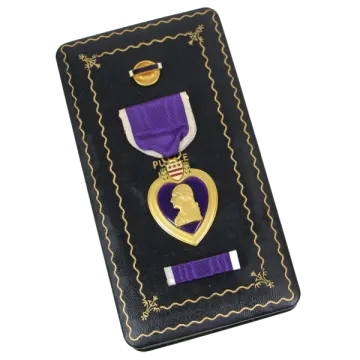 a purple and gold medal on a black case