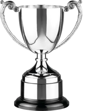 a silver trophy on a black stand