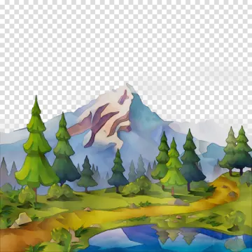 a mountain landscape with trees and watercolors