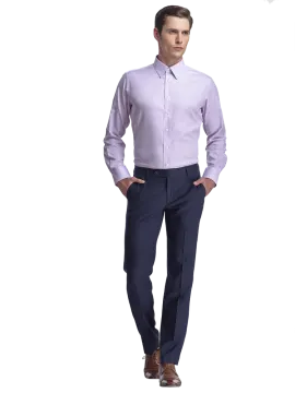 a man in a purple shirt and blue pants