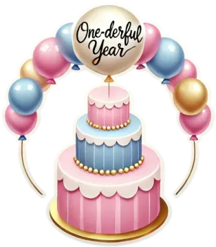 a birthday cake with balloons and the words one year