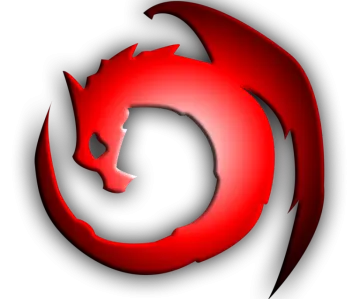 a red dragon logo on a white background
