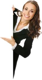 a woman in a business suit holding a blank sign