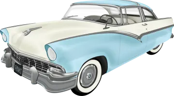 an old blue and white car
