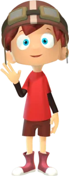 a cartoon boy in a red shirt and helmet