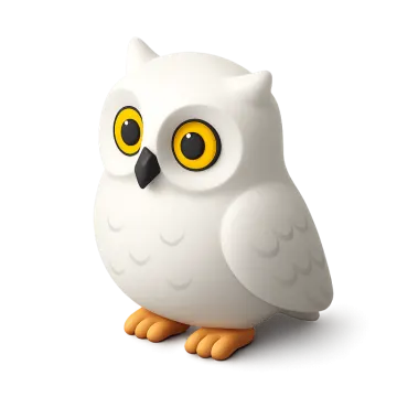 a white owl with yellow eyes sitting on the ground