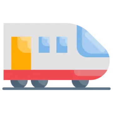 a white train with orange and blue stripes