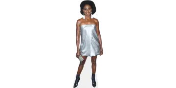 a woman in a silver dress and black boots