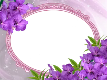 a frame with purple flowers and green leaves