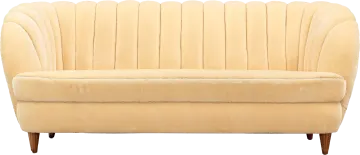 a cream colored sofa with pleaed upholing