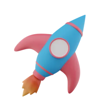 a blue and pink rocket is flying through the air