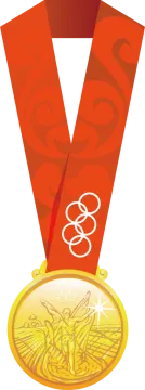 a gold medal with a red ribbon around it