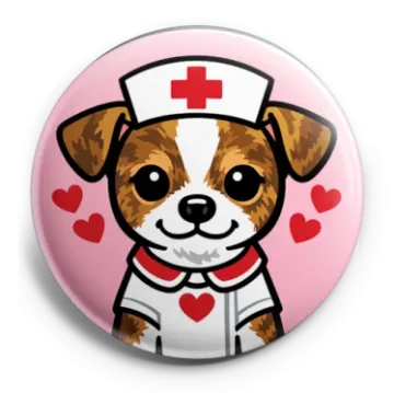 a small dog with a red heart on it's chest
