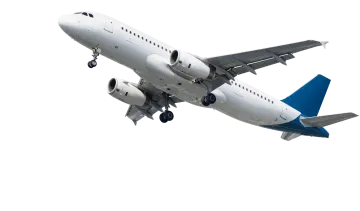 a white and blue airplane flying in the sky