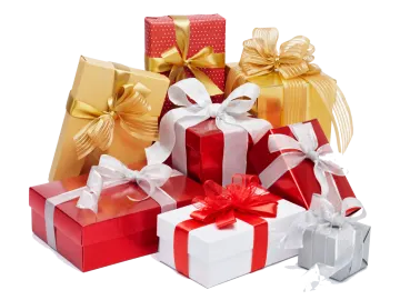 a pile of red, white and gold gift boxes