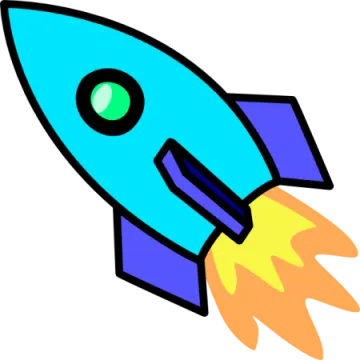 a blue and yellow rocket with a green eye