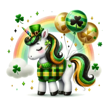 a cute unicorn with shamrocks and balloons