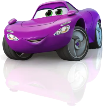 a purple car with green eyes
