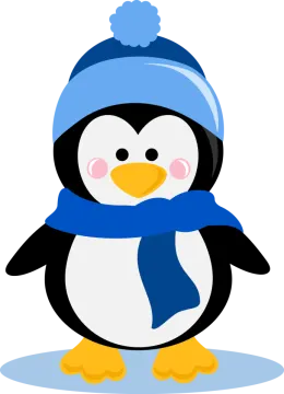 a penguin wearing a blue hat and scarf