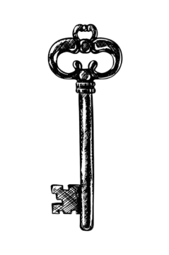 a black and white drawing of an old key