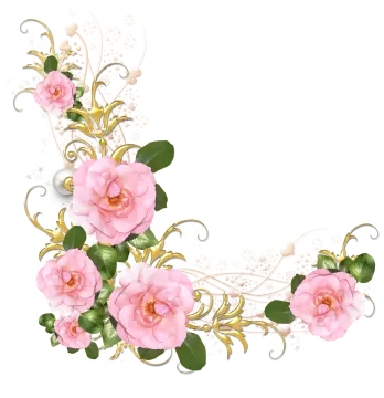 a pink flower border with gold and green leaves