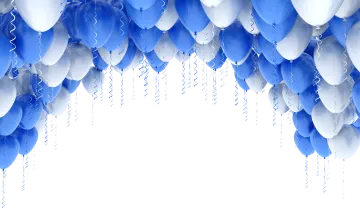 a bunch of blue and white balloons