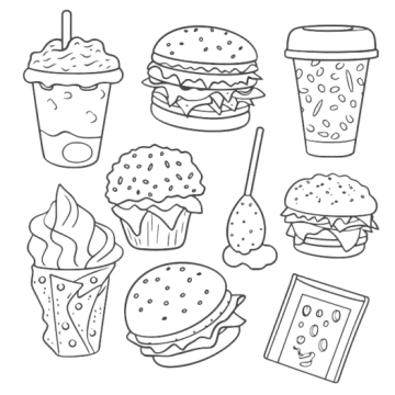 a black and white drawing of fast food