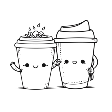 two coffee cups with their faces drawn on them