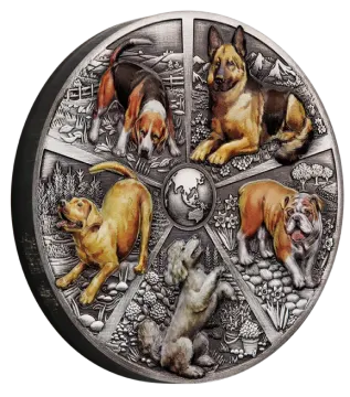 a silver coin with four dogs on it