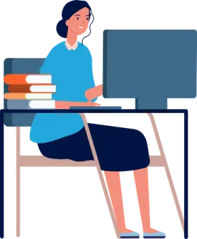 a woman sitting at a desk with books and a computer