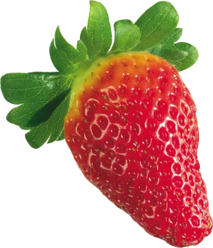a strawberry with green leaves on it