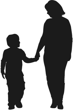 a silhouette of a woman and child holding hands