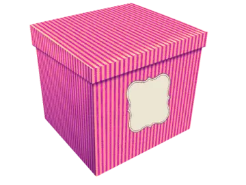 a pink and yellow striped box with a white label