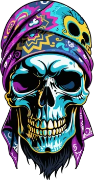 a colorful skull with a banda on his head