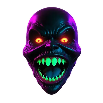 an alien head with glowing eyes and fangs